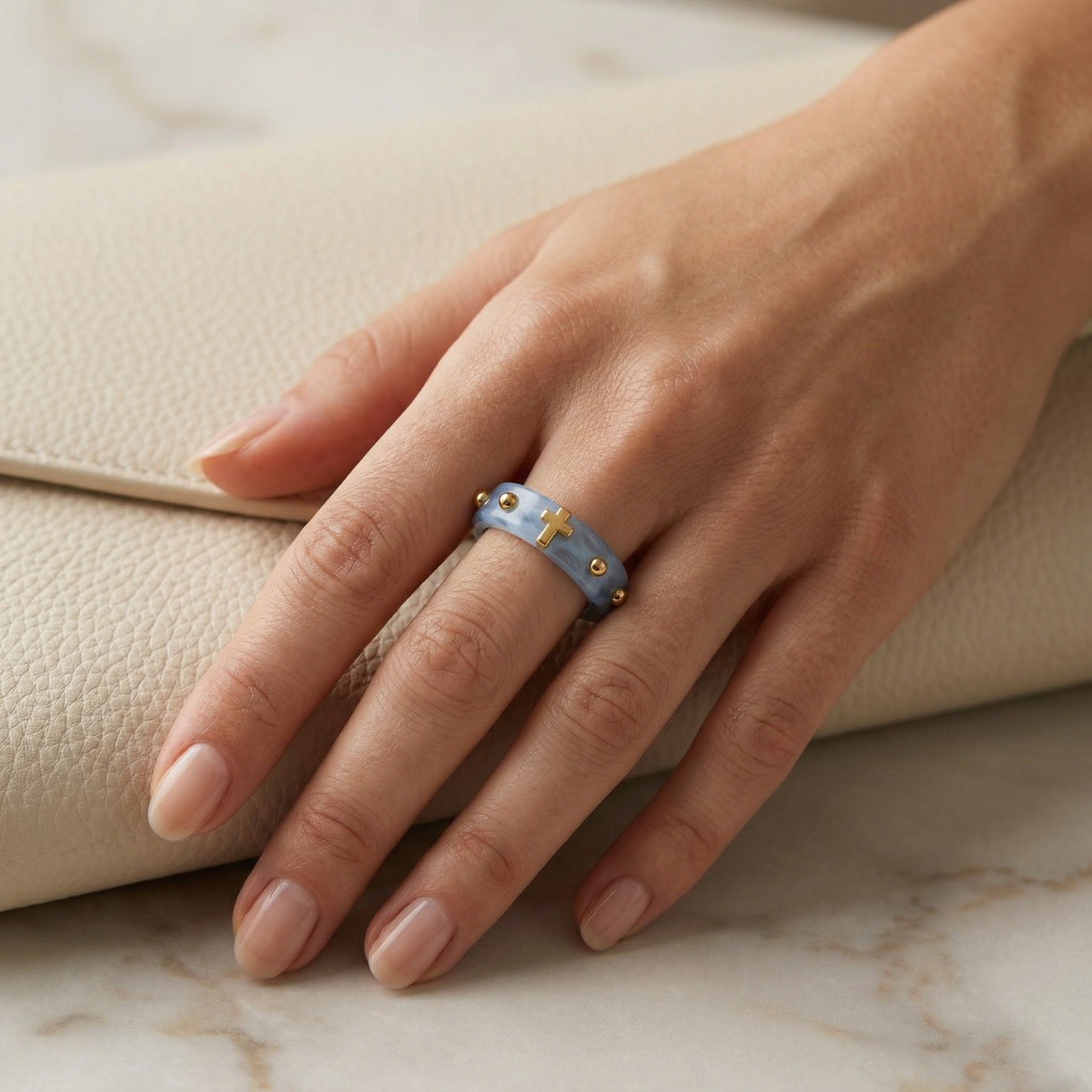 Resin Rosary Ring - Light Blue