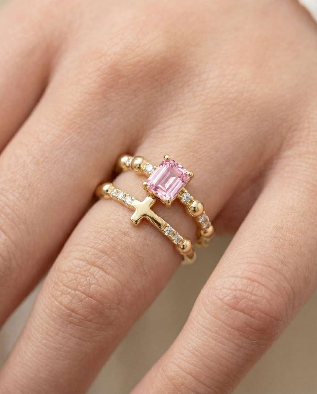 Morganite Cushion — Eternity Rosary Ring