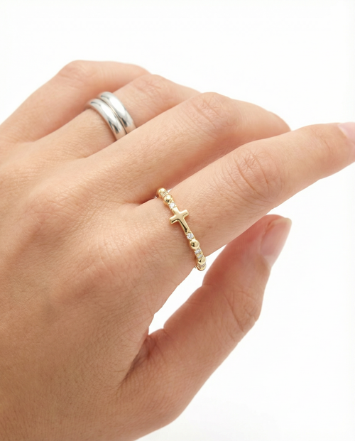 Classic Cross — Eternity Gold and Diamonds Rosary Ring